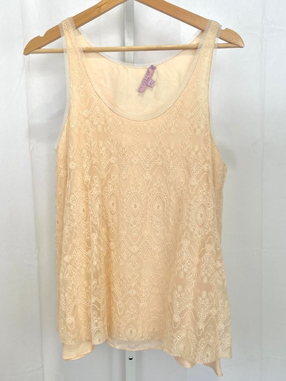 CALYPSO St. Barth Silk Tank Top Lace Overlay Sleeveless Pale Peach Pink Size S